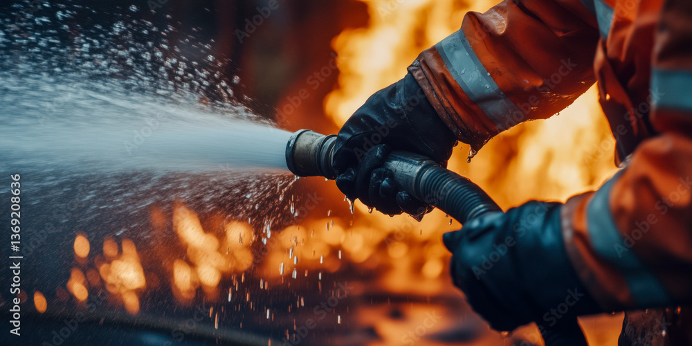 Close-up of a firefighter spraying water from a hose, with flames in the background.