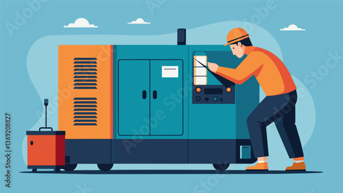 A technician performs routine maintenance on a large diesel generator ensuring its proper functioning in case of a power outage.. Vector illustration