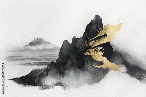 Abstract watercolor painting of misty mountains and sea, accented with gold, evokes serenity and minimalist beauty.