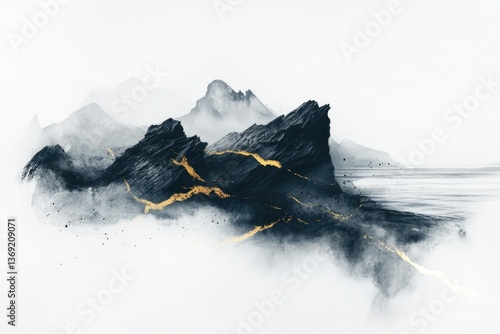 Abstract misty mountainscape with dark, rocky peaks and golden veins, serene coastal scene.