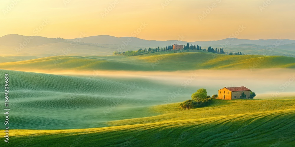 Fototapeta premium Serene landscape with rolling hills, a farmhouse, and misty valleys at sunrise.