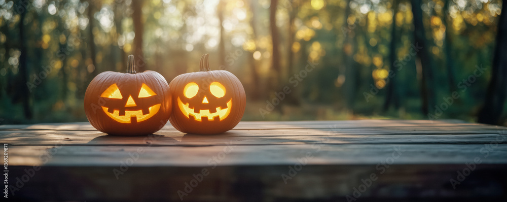 Two carved pumpkins with glowing faces on a wooden table, against a blurry forest background with sunlight.