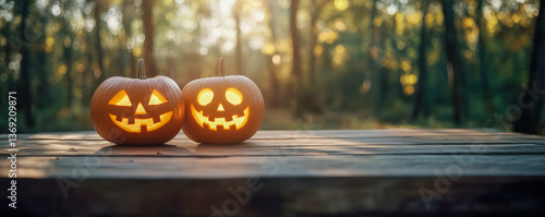 Obraz na płótnie Two carved pumpkins with glowing faces on a wooden table, against a blurry forest background with sunlight. w salonie