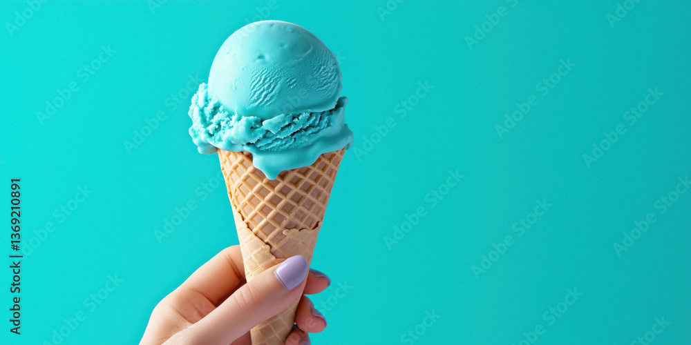 Close-up of a hand holding a blue ice cream cone against a bright blue background.