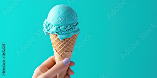 Obraz na płótnie Close-up of a hand holding a blue ice cream cone against a bright blue background. w salonie