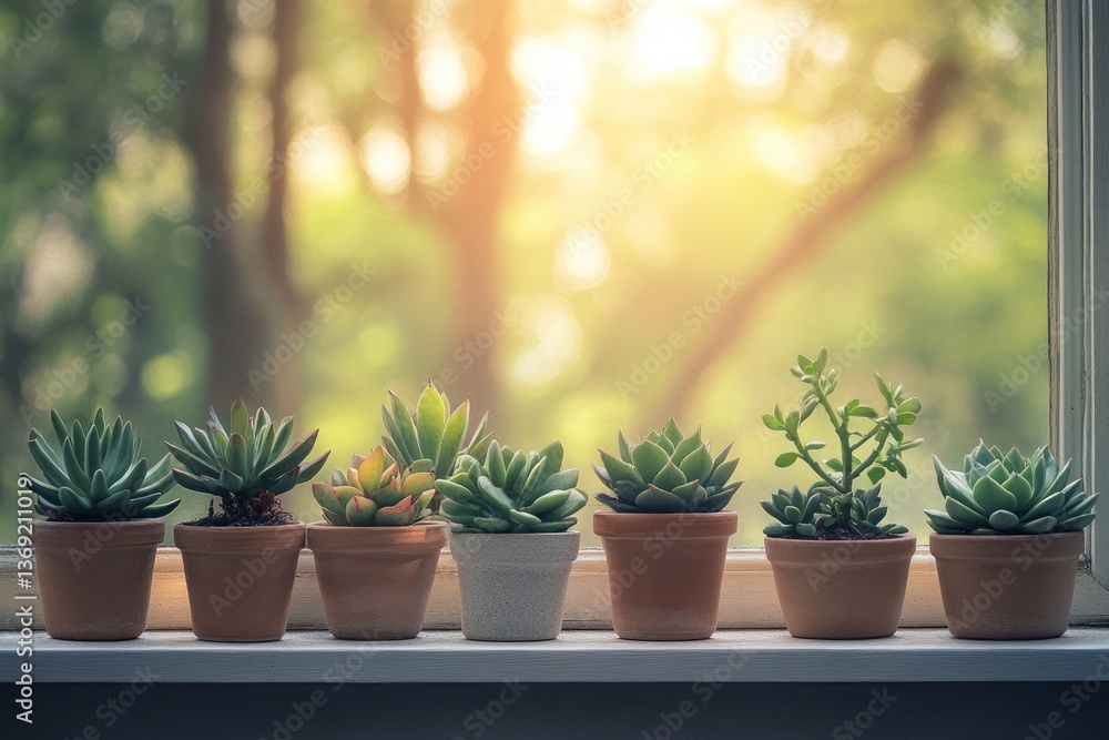 Seven succulent plants in terracotta and grey pots, basking in sunlight by a window. Seven succulent plants in terracotta and grey pots, basking in sunlight by a window.