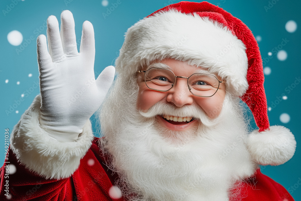 Close-up of Santa Claus waving with a big smile, wearing a red suit and glasses, against a blue background.