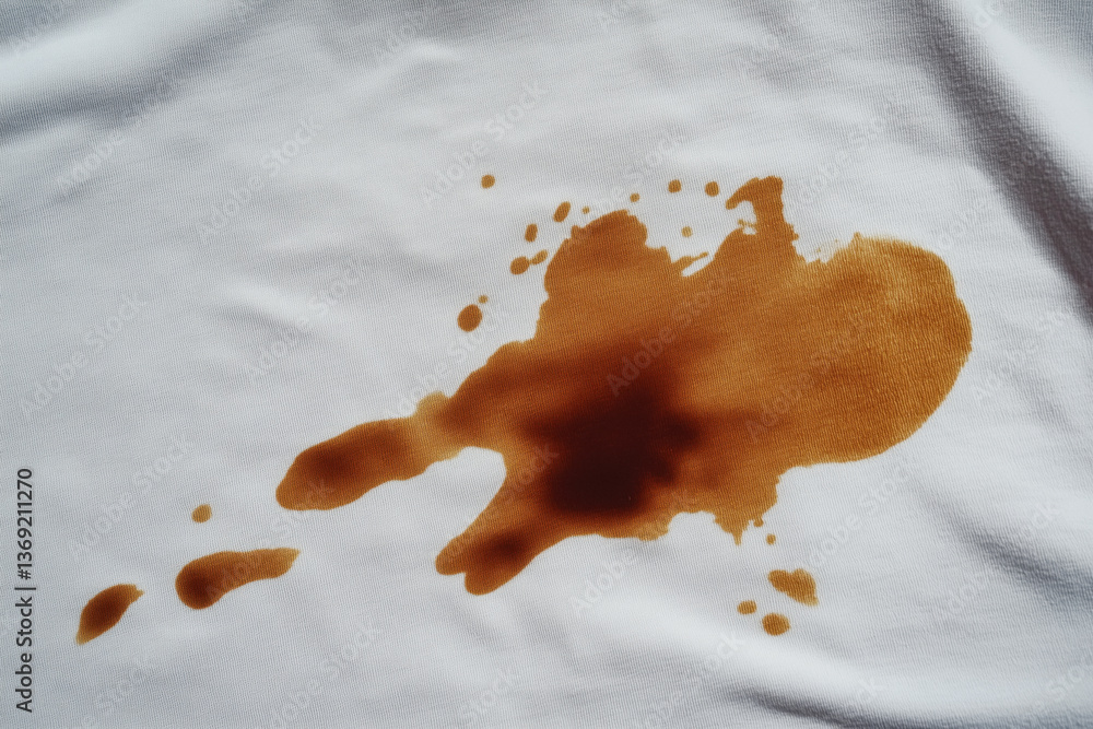 Close-up of a brown coffee stain on a white fabric.