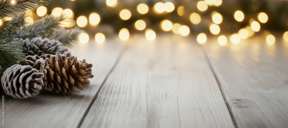 Close-up of pine cones and fir branches on a wooden table, with blurred Christmas lights in the background.