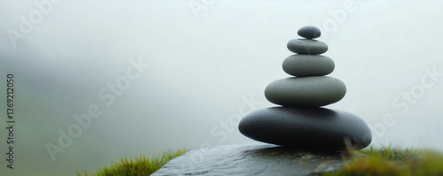 Close-up of six gray stones balanced on top of each other, symbolizing harmony, balance, and peace.