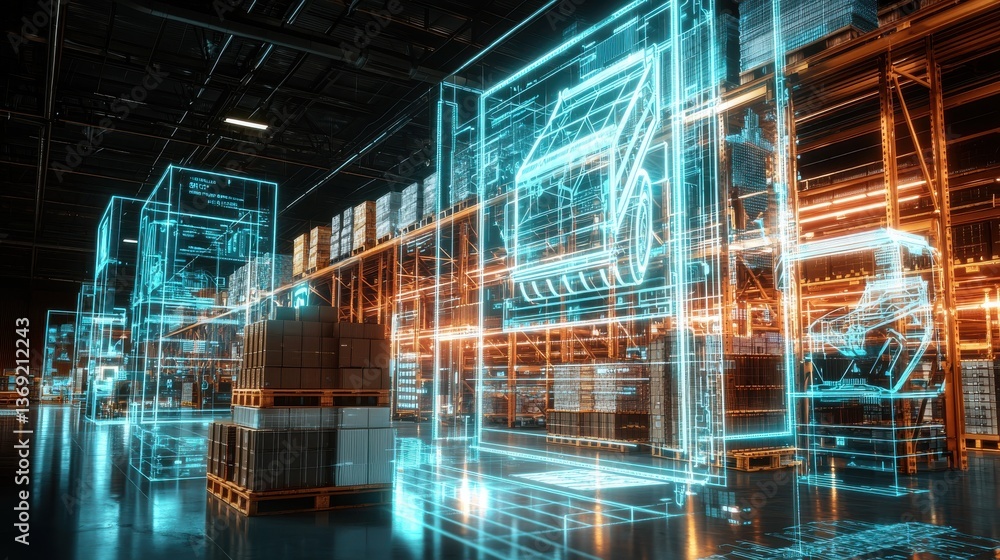 Futuristic technological infrastructure in a digital warehouse with servers network communication and data storage systems Futuristic technological infrastructure in a digital warehouse with servers network communication and data storage systems
