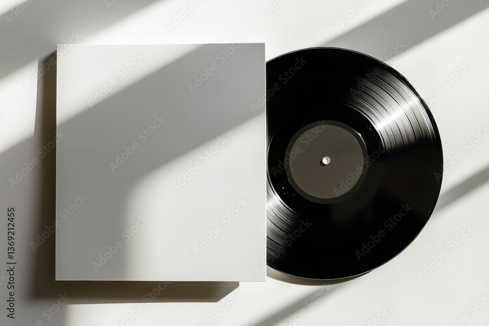 Close-up of a blank white record cover with a black vinyl record next to it, against a white background with shadows, suitable for mockup design.
