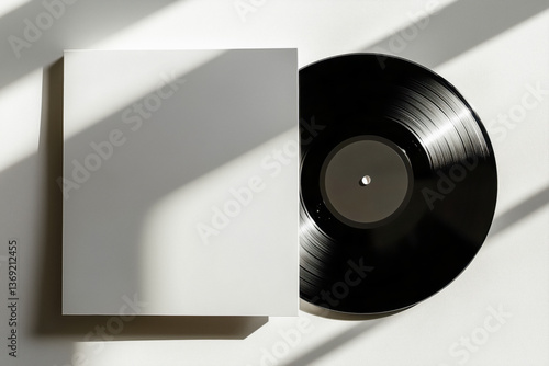 Obraz na płótnie Close-up of a blank white record cover with a black vinyl record next to it, against a white background with shadows, suitable for mockup design. w salonie