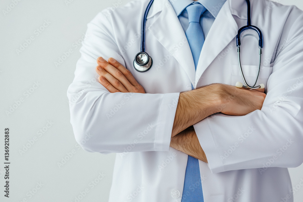 Close-up of a doctor wearing a white lab coat with a stethoscope around their neck, with their arms crossed, against a white background.