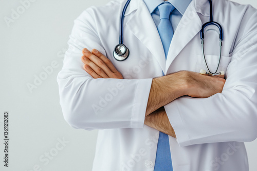 Obraz na płótnie Close-up of a doctor wearing a white lab coat with a stethoscope around their neck, with their arms crossed, against a white background. w salonie