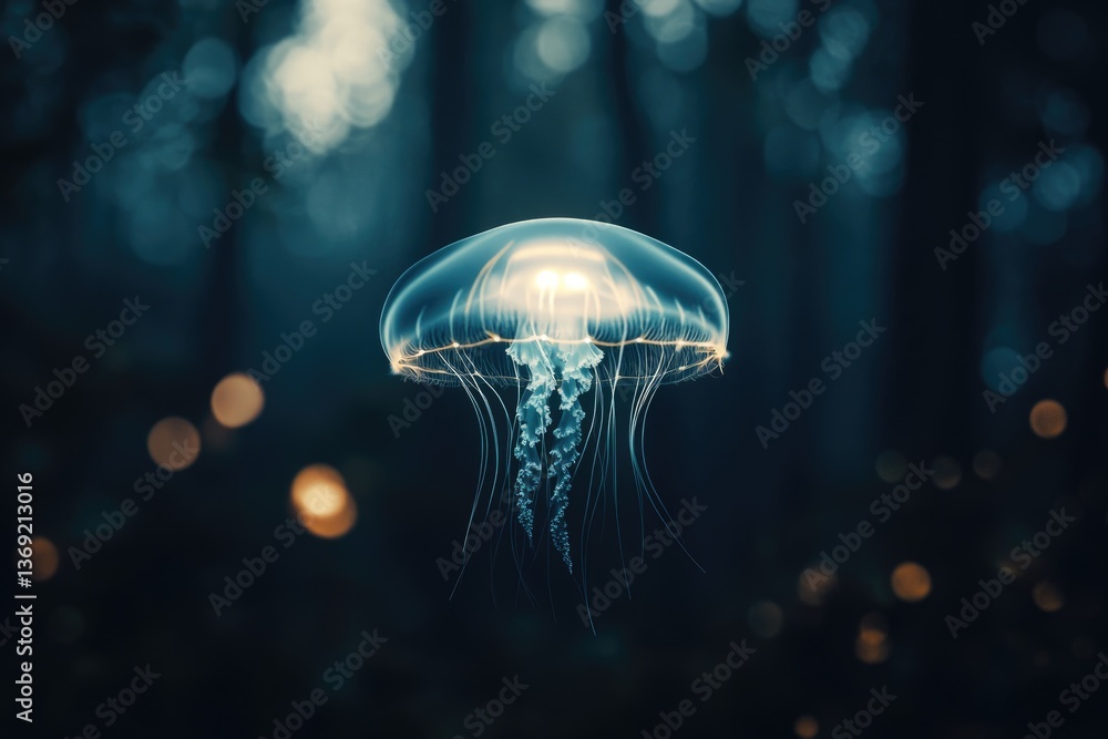 Fototapeta premium A bioluminescent jellyfish floats serenely in a dark, bokeh-filled forest setting.