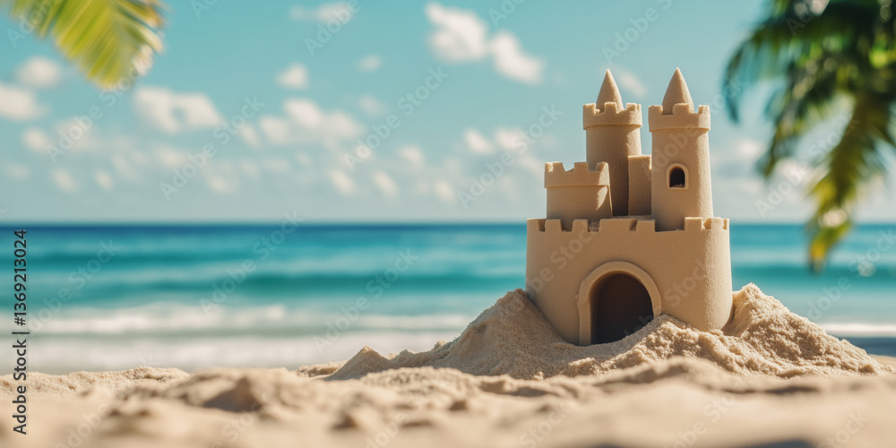 Sand castle on a beach with the ocean and blue sky in the background.