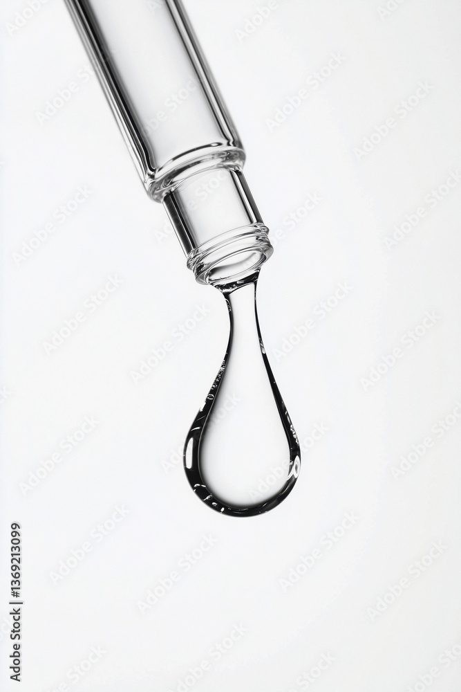 Close-up of a clear liquid drop falling from a glass pipette, against a white background.
