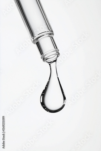 Close-up of a clear liquid drop falling from a glass pipette, against a white background.