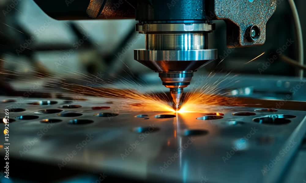 Precision Laser Cutting Process Creating Sparks on Metal Sheet in Industrial Workshop Setting Precision Laser Cutting Process Creating Sparks on Metal Sheet in Industrial Workshop Setting