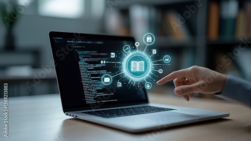 A laptop computer screen displaying a coding and software development interface with various icons symbols and lines of code highlighting the technology and innovation in the digital world