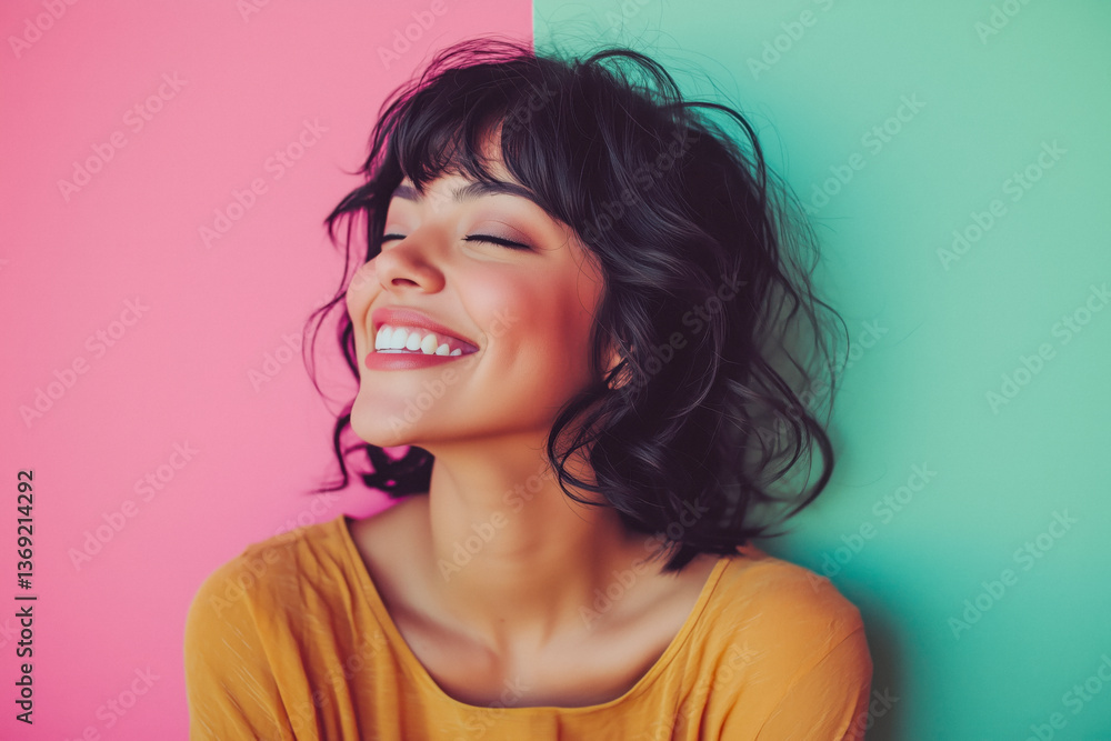 Close-up of a young woman with dark hair and bangs, smiling with her eyes closed, against a split pink and green background.