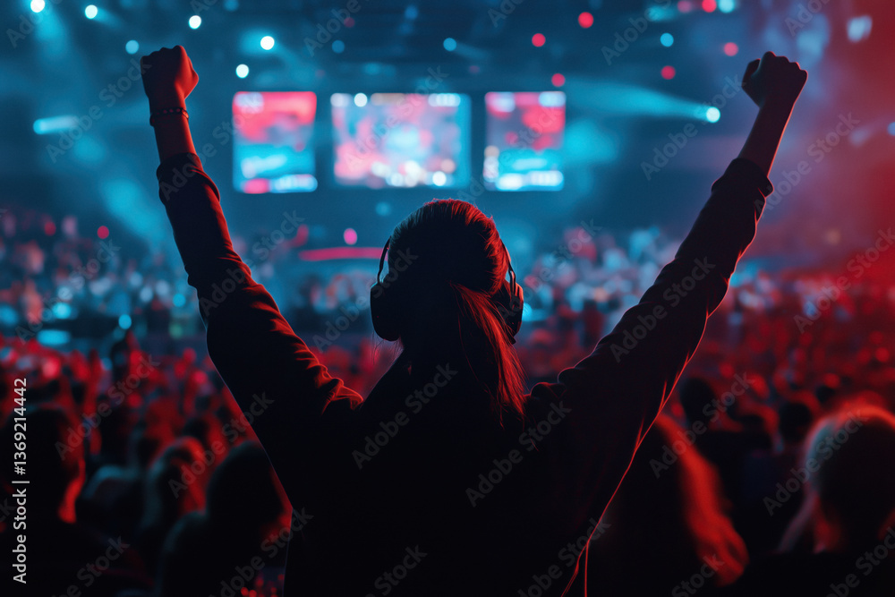 Silhouette of a winner girl with raised arms celebrating a victory in an esports competition, with a cheering crowd and screens in the background.