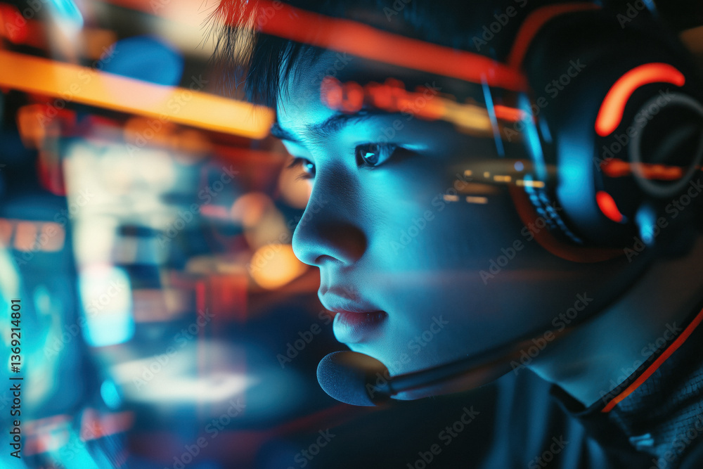 Close-up of a young gamer with headphones, looking intently at a screen with glowing graphics, participating in an esports tournament.