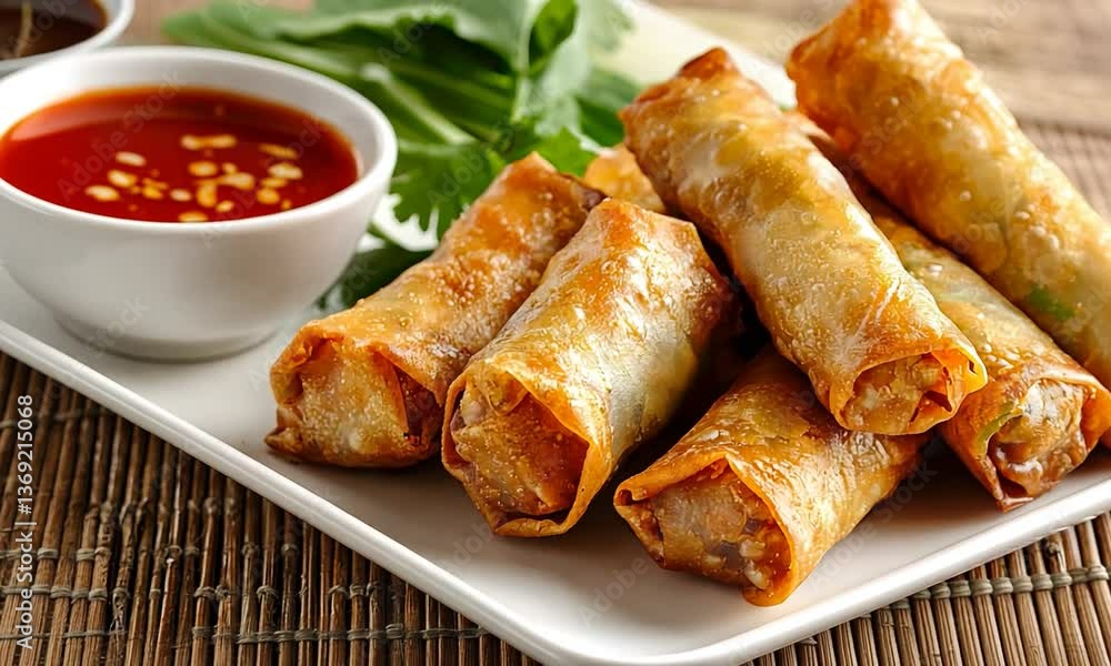 Crispy spring rolls served on a white plate with dipping sauce and fresh herbs on a bamboo mat Crispy spring rolls served on a white plate with dipping sauce and fresh herbs on a bamboo mat
