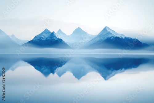 Wallpaper Mural Serene snow-capped mountains reflected in a calm, misty lake, a breathtaking winter landscape. Torontodigital.ca