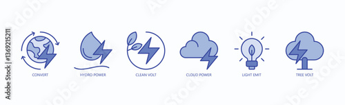 Eco Current Icon Set Isolated Vector With Icon Of Convert, Hydro Power, Clean Volt, Cloud Power, Light Emit, Tree Volt In Blue Style