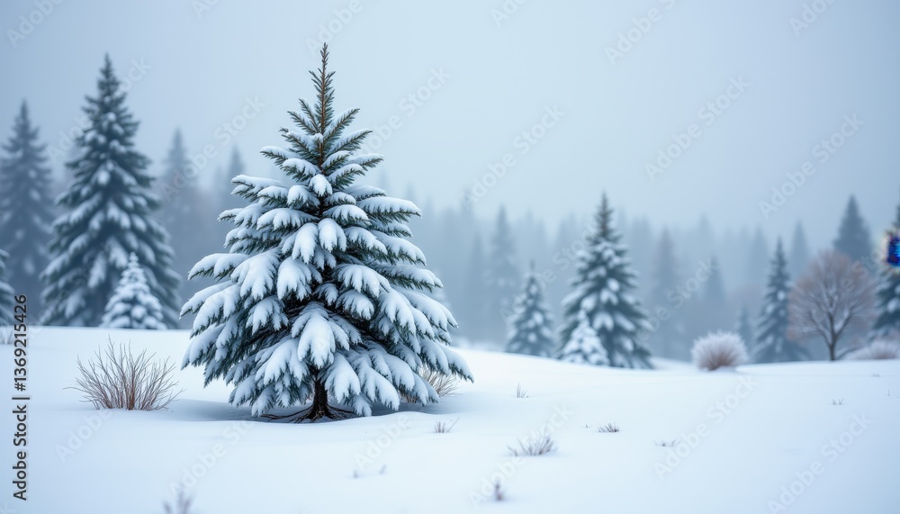 Serene Winter Landscape with Snow-Covered Evergreen Trees Serene Winter Landscape with Snow-Covered Evergreen Trees