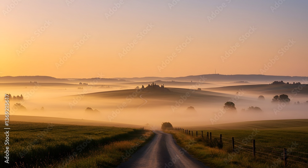 Obraz premium Golden Mist Over Rolling Fields Before Sunrise