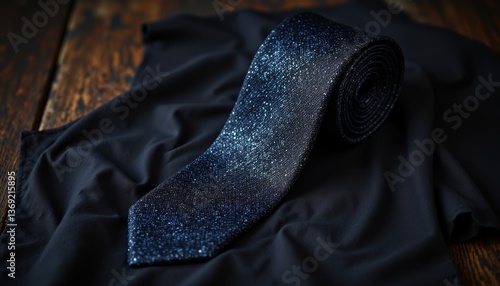 Elegant Dark Tie with Sparkling Texture on Black Fabric Background