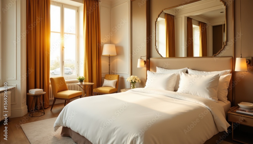 Fototapeta premium Cozy and Elegant Bedroom with Natural Light and Warm Colors