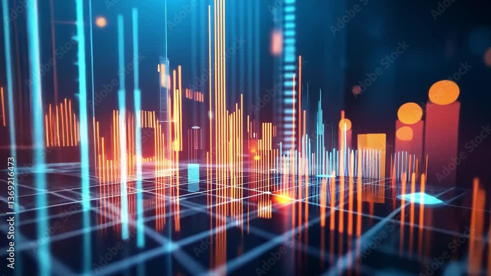 Visualizing Data: An eye-level illustration depicting a futuristic digital cityscape, pulsating with vibrant orange and blue data streams. Visualizing Data: An eye-level illustration depicting a futuristic digital cityscape, pulsating with vibrant orange and blue data streams.