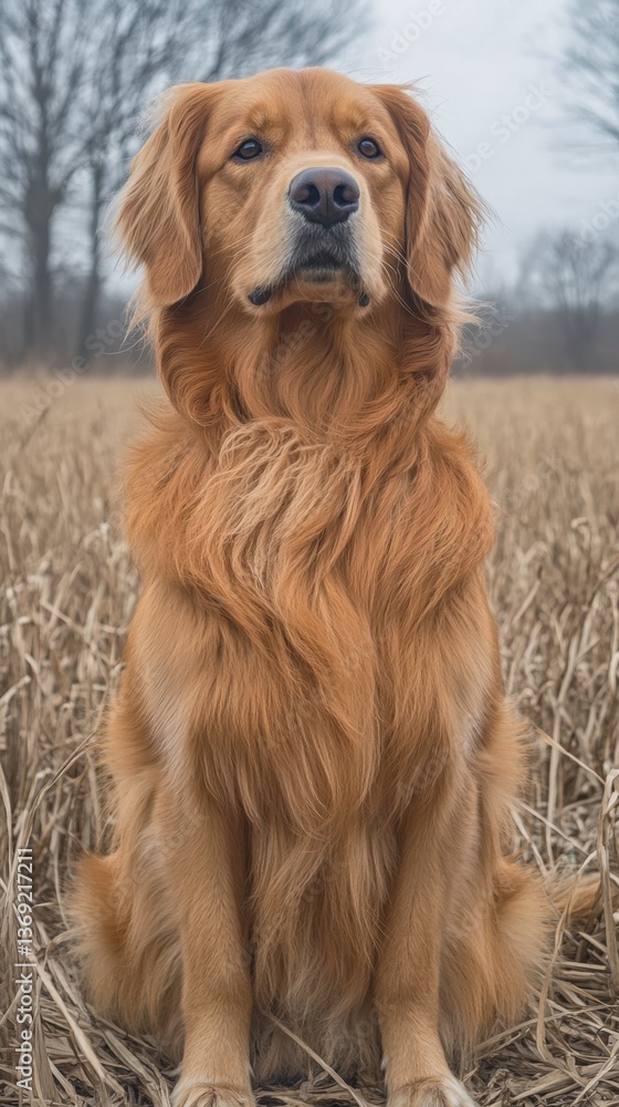 Fototapeta premium Majestic Golden Retriever Sitting Proudly in Serene Field Landscape