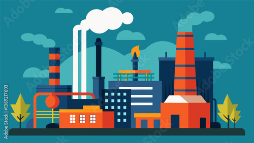 A steel mill implements heat recovery steam generators to capture heat from their blast furnaces and convert it into usable energy reducing carbon. Vector illustration