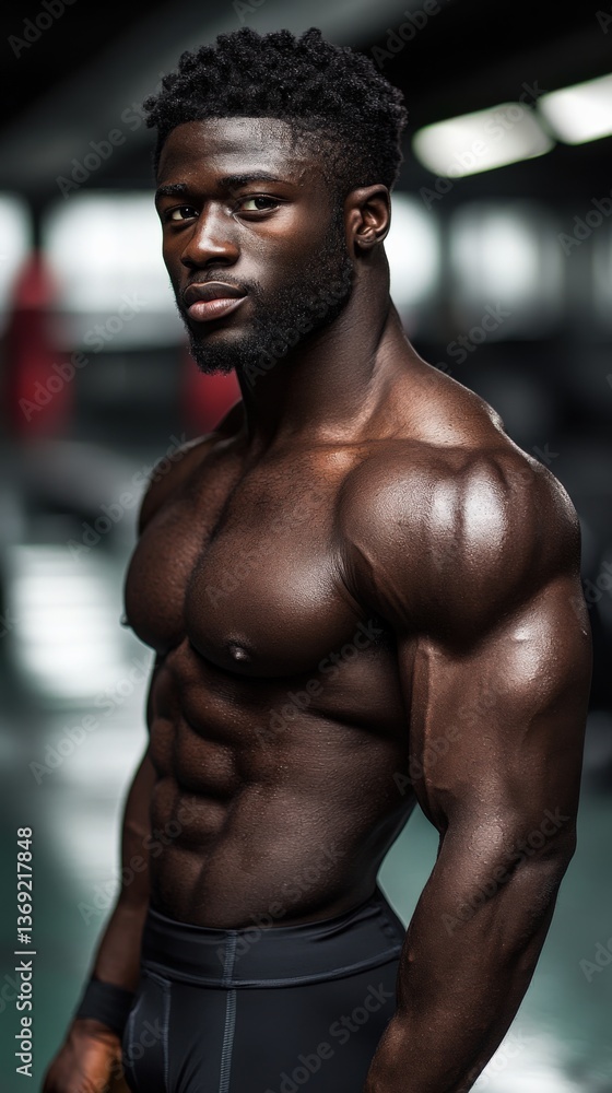 Fototapeta premium Athletic Black Male Bodybuilder in Gym, Fitness and Strength Training Portrait