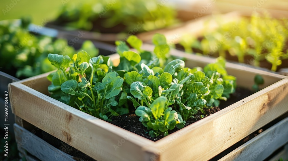 Fresh Green Leafy Vegetables Growing in Wooden Garden Boxes at Sunrise Fresh Green Leafy Vegetables Growing in Wooden Garden Boxes at Sunrise