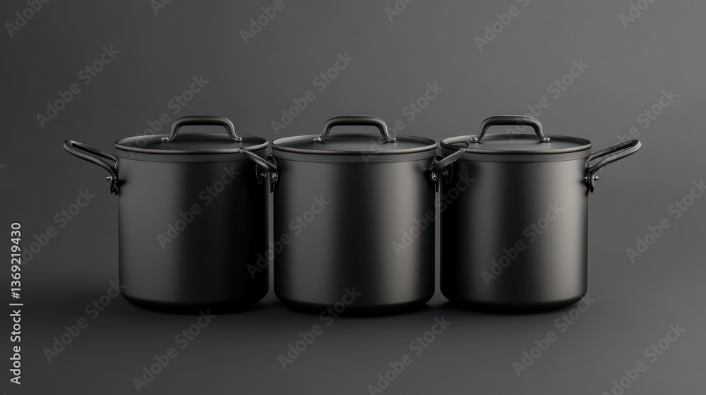 Three sleek black cooking pots with lids, minimalist design on dark background. Three sleek black cooking pots with lids, minimalist design on dark background.
