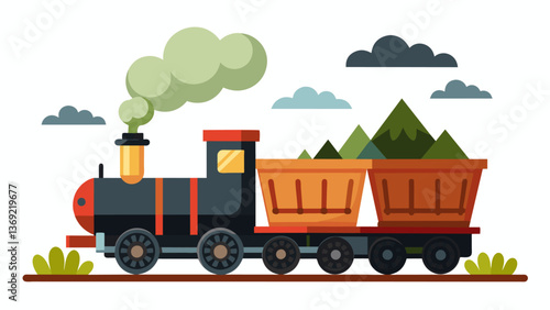 A steam engine puffing and whistling as it brings in a train of empty hoppers ready to be filled with coal for its next journey.. Vector illustration
