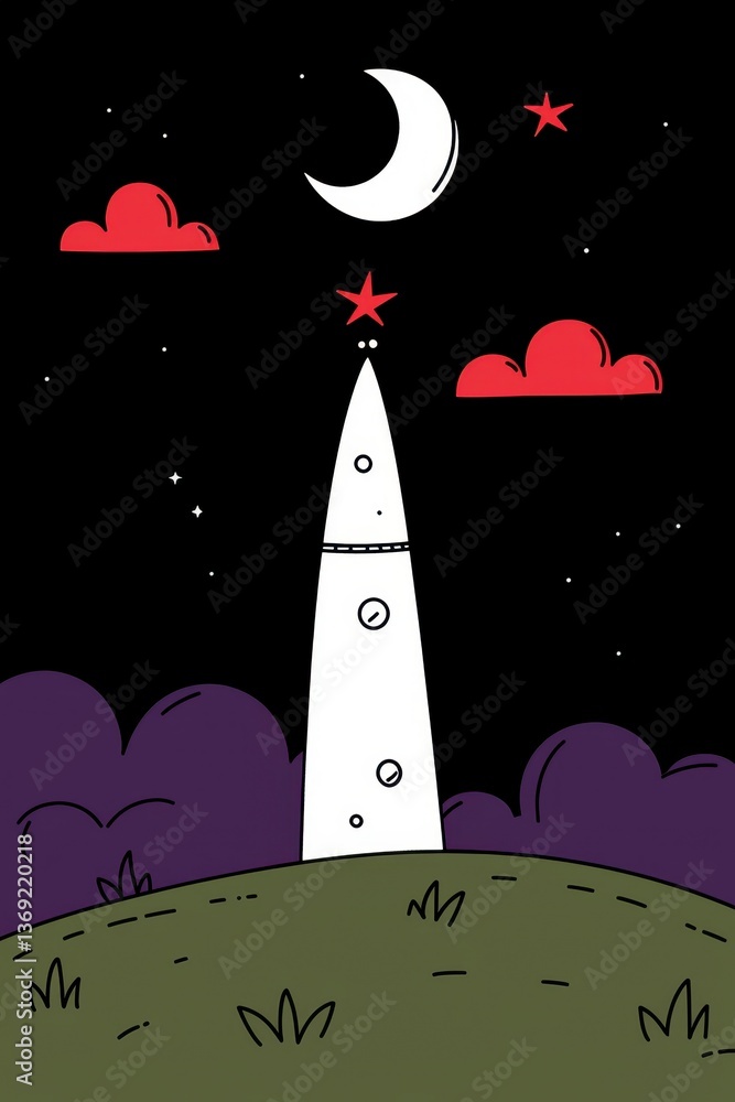 Naklejka premium Pixel Art Night Scene White Tower Under Crescent Moon