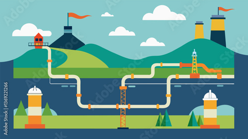A network of underground pipelines stretching for miles carrying shale gas from the well site to processing and distribution facilities.. Vector illustration