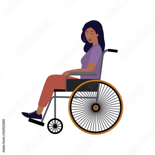 Young Asian woman with long hair sitting in wheelchair