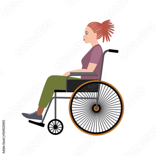 Young redhead woman with dreadlocks sitting in wheelchair