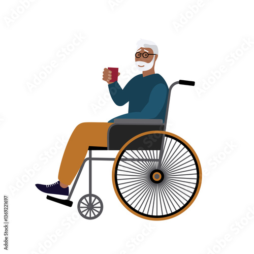 Old grey haired bearded man with a mug of beverage sitting in wheelchair