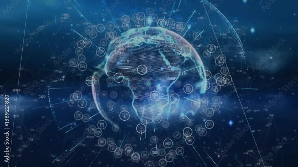 Animation of digital globe with network connections and data points around Earth Animation of digital globe with network connections and data points around Earth