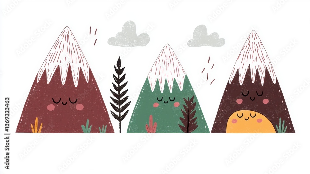 Obraz premium Playful Cartoon Mountains Illustration with Snow and Greenery