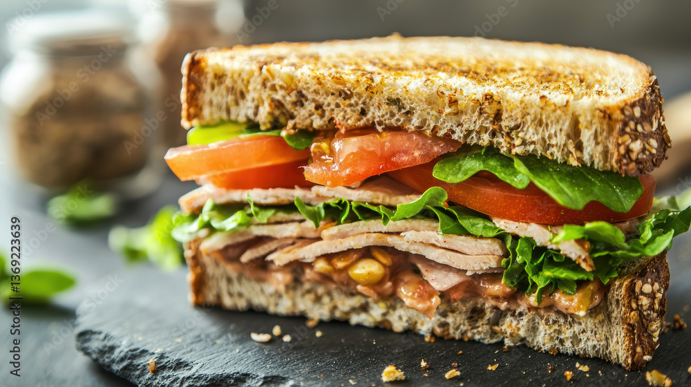 delicious sandwich with layers of turkey, lettuce, and tomato on whole grain bread is cut in half, revealing fresh ingredients delicious sandwich with layers of turkey, lettuce, and tomato on whole grain bread is cut in half, revealing fresh ingredients